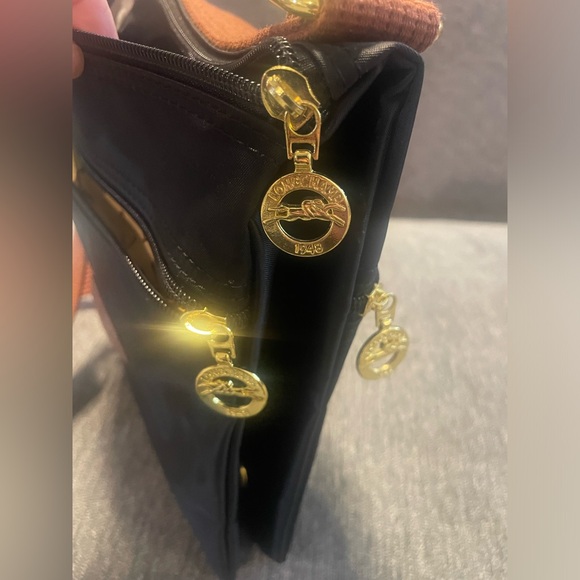 RARE Longchamp Le Pliage Nylon Black & Brown Folding Shoulder Bag FREE SHIPPING - Picture 7 of 14